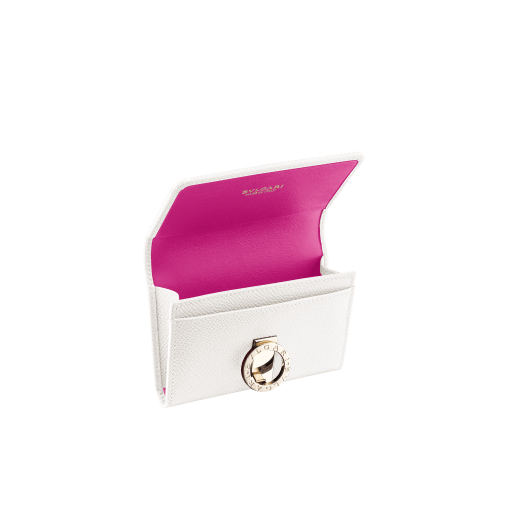 Business card holder in ruby red bright grain calf leather, desert quartz nappa and fuxia nappa lining. Iconic brass light gold plated clip featuring the BVLGARI BVLGARI motif. 579-BC-HOLDER-BGCLa image 2