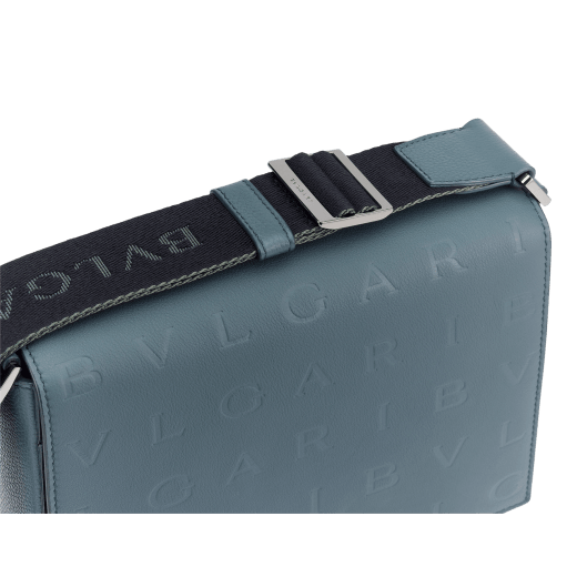 BULGARI Man small messenger bag in ivy onyx grey smooth and grainy metal-free calf leather with Olympian sapphire blue regenerated nylon (ECONYL®) lining. Dark ruthenium-plated brass hardware, hot stamped BULGARI logomania motif and magnetic flap closure. BMA-1213-CLb image 4
