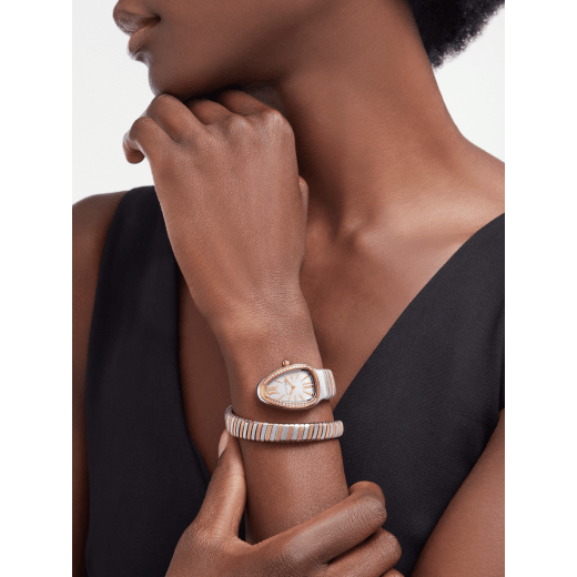 Serpenti Tubogas single spiral watch with stainless steel case, 18 kt rose gold bezel set with brilliant cut diamonds, silver opaline dial, 18 kt rose gold and stainless steel bracelet. 102237 image 1