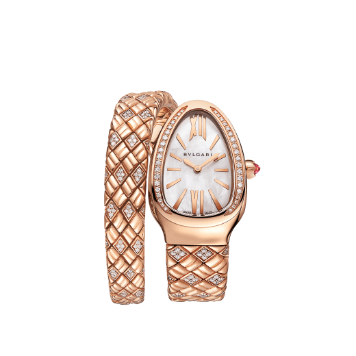Montre Serpenti Spiga avec boîtier et bracelet spirale en or rose 18 K sertis de diamants, et cadran en nacre blanche SERPENTI-SPIGA-1TWHITEDIALDIAM image 1