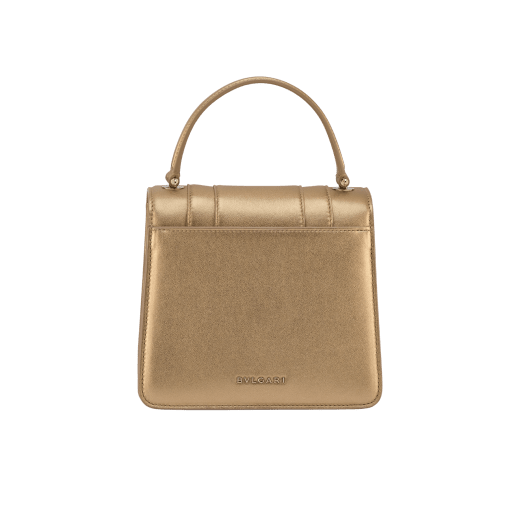 Serpenti Forever small top handle bag in white agate calf leather with heather amethyst fuchsia grosgrain lining. Captivating snakehead closure in light gold-plated brass embellished with black and white agate enamel scales and green malachite eyes. 1122-CLa image 7
