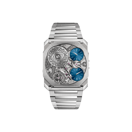Octo Finissimo Ultra Platinum watch with mechanical manufacture ultra-thin movement, manual winding, platinum case (1.80 mm thick) and bracelet (1.50 mm thick), openwork dial, and sandblasted stainless steel ratchet. Limited Edition of 20 pieces. 103832 image 1