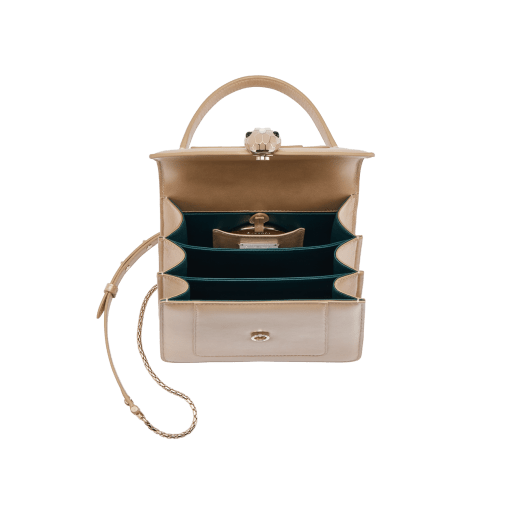 “Serpenti Forever ” top-handle bag in Lavender Amethyst lilac calf leather with Reef Coral red grosgrain inner lining. Iconic snakehead closure in light gold-plated brass embellished with black and white agate enamel and green malachite eyes 1122-CLa image 5