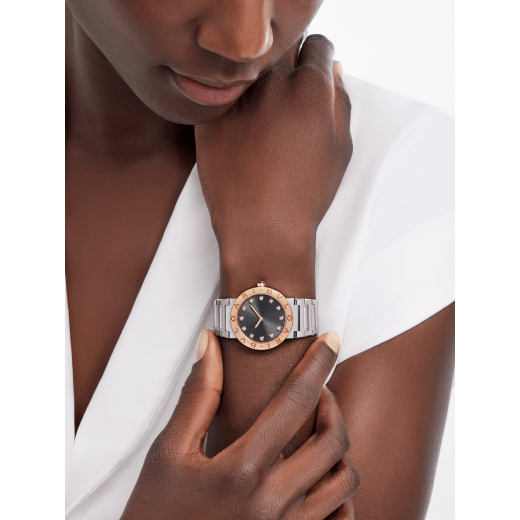 BULGARI BULGARI watch with polished and satin-brushed stainless steel case and bracelet, 18 kt rose gold bezel engraved with double logo, anthracite lacquered dial and 12 diamond indexes. Water-resistant up to 30 meters 103757 image 1