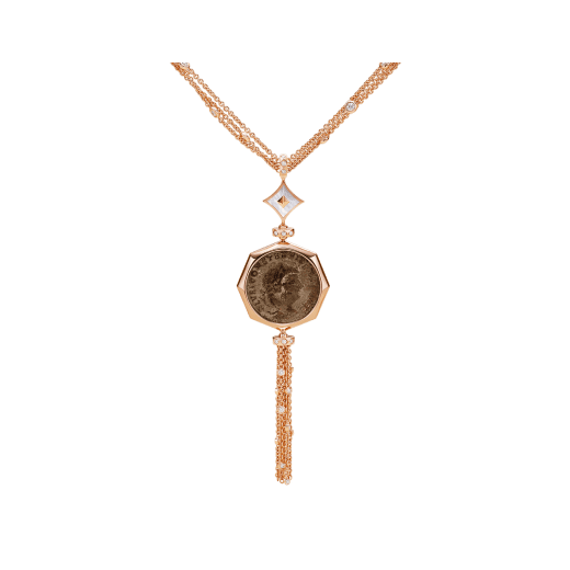 Monete 18 kt rose gold necklace set with an ancient coin, mother-of-pearl elements and pavé diamonds 355982 image 1