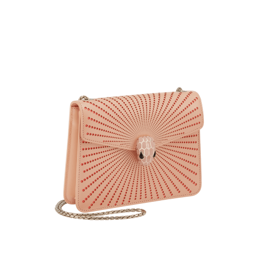 Serpenti Forever crossbody bag in ivory opal laser-cut calf leather with caramel topaz beige nappa leather lining. Captivating snakehead closure in light gold-plated brass embellished with matte and shiny ivory opal enamel scales and black onyx eyes. 422-LCL image 2