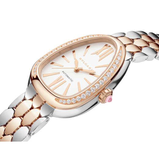 Serpenti Seduttori automatic watch in 18 kt rose gold and stainless steel with diamond-set bezel and white opaline dial. Water-resistant up to 30 metres 104058 image 2