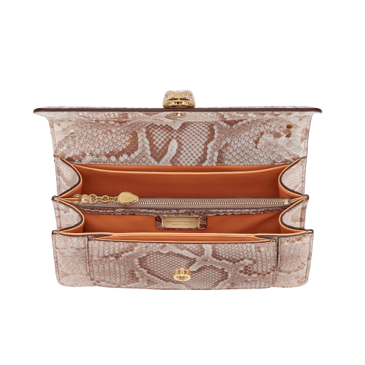 Serpenti Forever Maxi Chain medium crossbody bag in coral carnelian orange Mystical python skin with coral carnelian orange nappa leather lining. Captivating snakehead closure in rose gold-plated brass embellished with mother-of-pearl scales and red enamel eyes. MC-MP-CC image 4