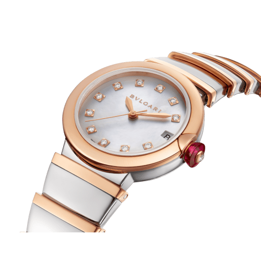 LVCEA watch with stainless steel case, 18 kt rose gold bezel, white mother-of-pearl dial, diamond indexes, stainless steel and 18 kt rose gold bracelet. 102198 image 3