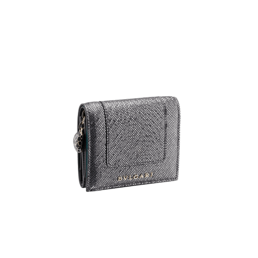 "Serpenti Forever" super compact wallet in multicolour "Shaded" karung skin and Aquamarine light blue calf leather. Tempting snakehead zip puller in pearled lilac and matte Aquamarine light blue enamel, with black enamel eyes. SEA-SUPERCOMPACT-MK image 1