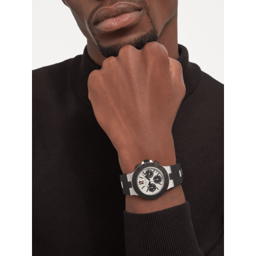 Bvlgari Aluminium watch with mechanical manufacture movement, automatic winding, chronograph, 40 mm aluminium and titanium case, black rubber bezel with BVLGARI BVLGARI engraving, grey dial and black rubber bracelet. Water resistant up to 100 metres 103383 image 1