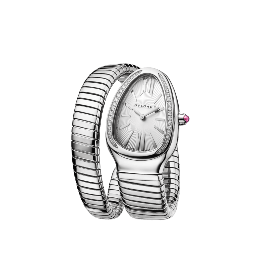 Serpenti Tubogas single spiral watch in stainless steel case and bracelet, bezel set with brilliant cut diamonds and silver opaline dial. Large Size. SrpntTubogas-white-dial2 image 2