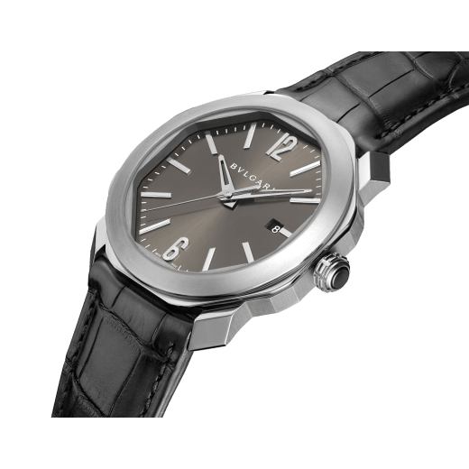 Octo Roma watch with mechanical manufacture movement, automatic winding, stainless steel case, anthracite dial and black alligator bracelet. 102855 image 2