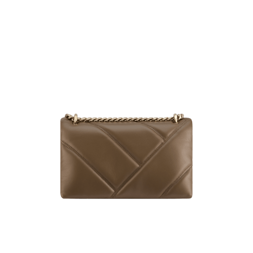 Serpenti Cabochon small shoulder bag in Roman granite brown soft calf leather with a maxi matelassé pattern and emerald green nappa leather lining. The bag features a captivating magnetic snakehead closure in light gold-plated brass embellished with grey mother-of-pearl scales, red enamel eyes and transformable chain strap. 1295-MSM image 3
