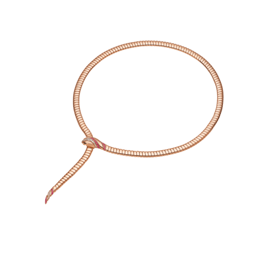 Serpenti 18 kt rose gold necklace set with round rubies on the head and tail, demi pavé diamonds on the head and black onyx eyes 362427 image 2