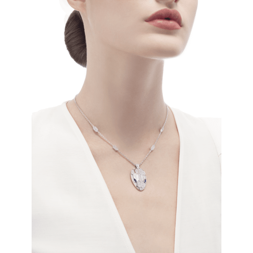 Serpenti necklace in 18 kt white gold set with blue sapphire eyes and pavé diamonds on both the chain and pendant 353529 image 4