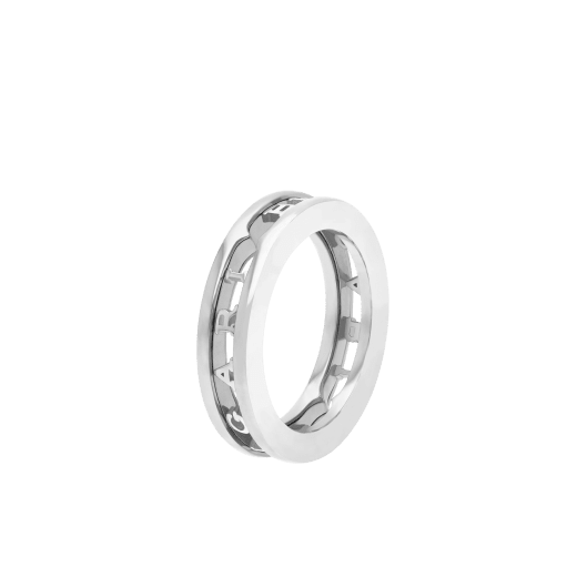 B.zero1 couples' rings in 18 kt white and yellow gold with an openwork Bulgari logo. A distinctive ring set fusing visionary design with bold charisma. BZERO1-COUPLES-RINGS-4 image 3