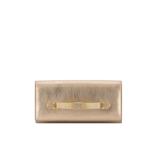 Bvlgari Tubogas evening clutch in gold striated calfskin with crystal rose nappa leather lining. Iconic Tubogas handle in gold-plated brass embellished with zirconia and a magnetic closure. 295188 image 1