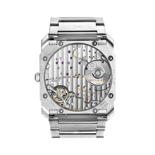 Octo Finissimo Automatic watch with mechanical manufacture movement, automatic winding, platinum microrotor, small seconds, extra-thin satin-polished stainless steel case and bracelet, transparent case back and black matte dial. Water-resistant up to 100 metres 103297 image 4
