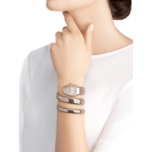 Serpenti Tubogas double spiral watch with stainless steel case, 18 kt rose gold bezel set with diamonds, silver opaline dial with guilloché soleil treatment, stainless steel and 18 kt rose gold bracelet 103149 image 8