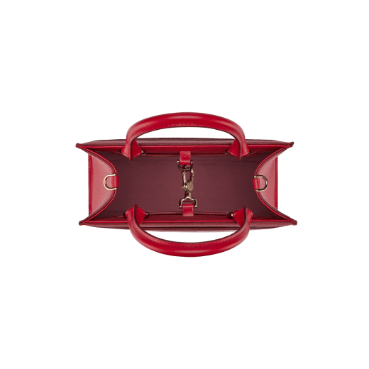 Bulgari Logo small tote bag in amaranth garnet red smooth and grained calf leather with flamingo quartz pink grosgrain lining. Iconic Bulgari logo decorative chain in light gold-plated brass. BVL-1202 image 5