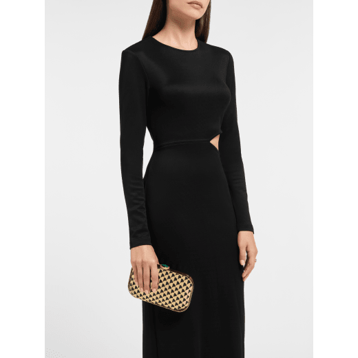 Calla clutch in gold-plated metal with a laser cut Calla motif on black nappa leather lining. Iconic closure embellished with a fan-shaped malachite insert. DAS-001-1317S image 2