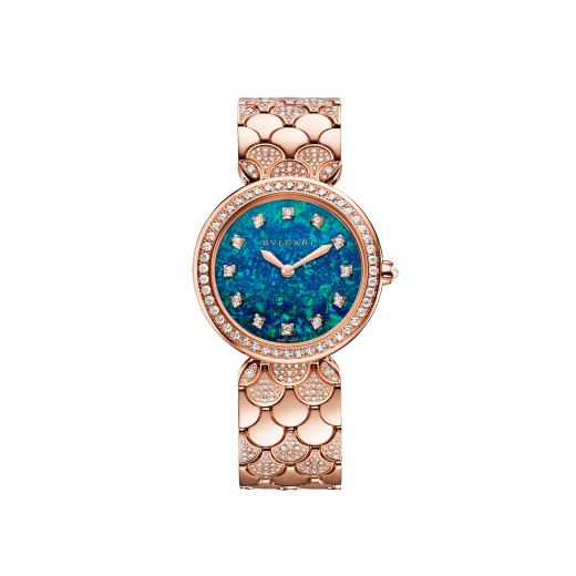DIVAS’ DREAM 腕錶，18K 玫瑰金錶殼和錶帶鑲飾明亮型切割鑽石，藍色蛋白石錶盤，12 個鑽石時標。防水深度 30 公尺。 103646 image 1