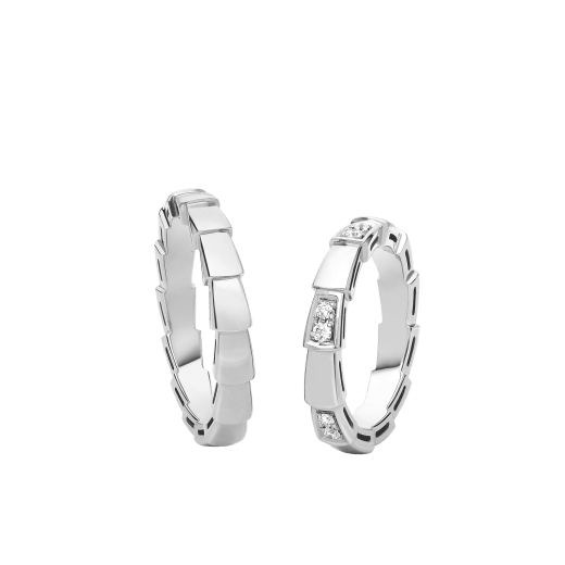 Serpenti Viper couples' rings in 18 kt white gold, one of which (3 mm) is set with demi-pavé diamonds. A captivating ring set fusing mesmerizing design with the snake's irresistible allure. SERPENTI-VIPER-COUPLES-RINGS-2 image 1