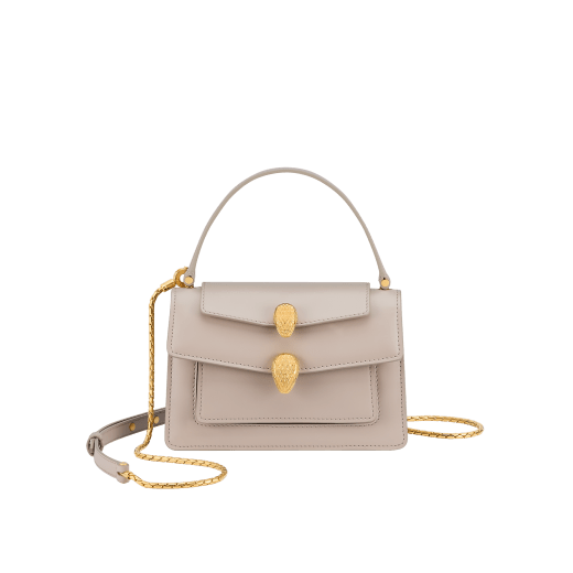 Alexander Wang x Bulgari small belt bag in moonbeam pearl light grey calf leather with black nappa leather lining. Captivating double Serpenti head magnetic closure in antique gold-plated brass embellished with red enamel eyes. 292315 image 1