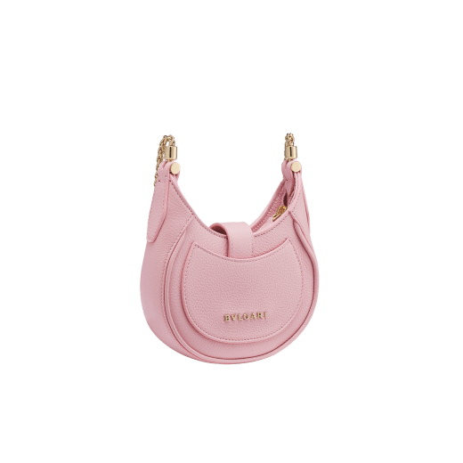 Serpenti Ellipse micro bag in soft, drummed, flash diamond white calf leather with taffy quartz pink grosgrain lining. Captivating snakehead closure in gold-plated brass embellished with mother-of-pearl scales and red enamel eyes, leather tab with magnet, and zipped fastening. SEA-MICROHOBOc image 3