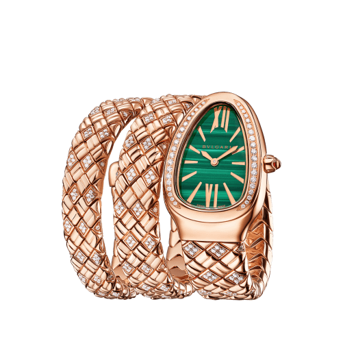 Serpenti Spiga double-spiral watch with 18 kt rose gold case set with diamonds, malachite dial and 18 kt rose gold bracelet partially set with brilliant-cut diamonds. Water-resistant up to 30 metres. Small size SERPENTI-SPIGA-2T image 5
