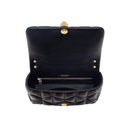 Serpenti Sugarloaf medium shoulder bag in black calf leather with a maxi Calla Matelassé motif and black nappa leather lining. Captivating snakehead magnetic closure in gold-plated brass. SSL-001-1312M image 3