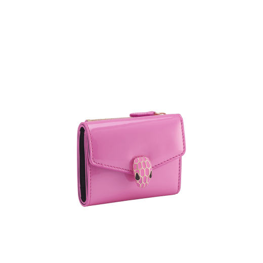 Serpenti Forever slim compact wallet in azalea quartz pink coated calf leather with black calf leather interior. Captivating snakehead press stud closure in rose gold-plated brass embellished with matt azalea quartz pink enamel scales and black onyx eyes. SEA-SLIMCOMPACT-VCLa image 1
