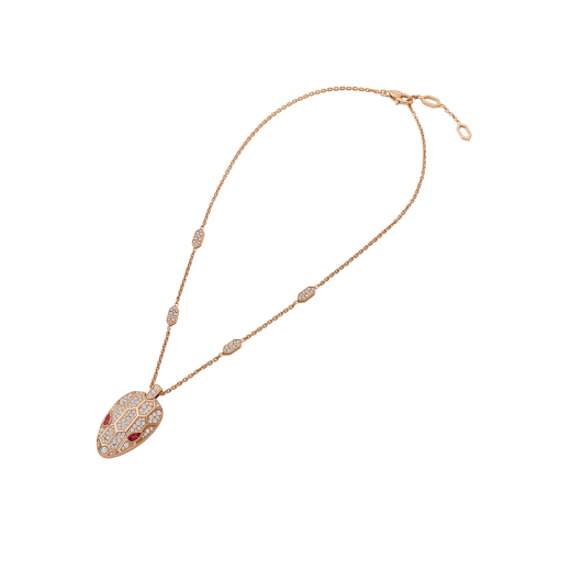 Serpenti necklace in 18 kt rose gold, set with rubellite eyes and with pavé diamonds on the chain and the head. 352725 image 2