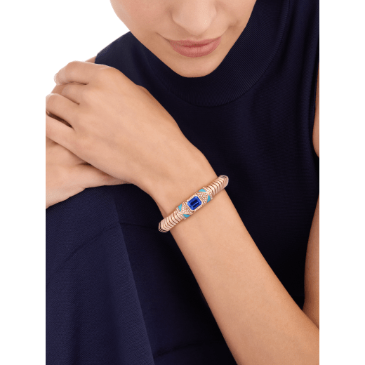 Bvlgari Tubogas 18 kt rose gold bracelet set with an emerald-cut tanzanite, turquoise inserts and pavé diamonds BR860609 image 1