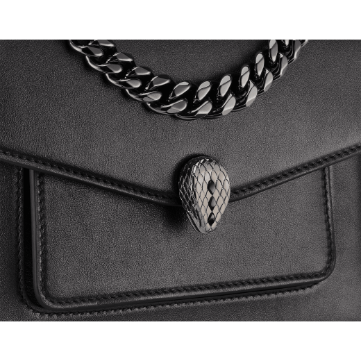Serpenti Forever Maxi Chain small crossbody bag in flash diamond white grained calf leather with foggy opal grey nappa leather lining. Captivating snakehead magnetic closure in gold-plated brass embellished with white mother-of-pearl scales and red enamel eyes. 1134-MCGC image 5
