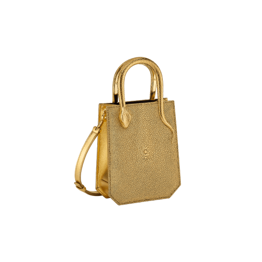 Serpentine mini tote bag in gold galuchat skin with 24 kt gold treatment, shiny gold Mirage nappa leather sides and black nappa leather lining. Captivating snake-shaped handles in gold-plated brass including 3 µ of 24 kt gold, embellished with engraved scales and red enamel eyes. Exclusive Bulgari 50th anniversary in the US Edition. 292705 image 2