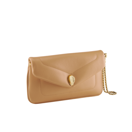 Serpenti Reverse soft envelope chain pouch in Sahara amber light brown quilted Metropolitan calf leather with taffy quartz pink nappa leather interior. Captivating snakehead magnetic closure in gold-plated brass embellished with red enamel eyes. SRV-CHAINCLUTCH image 1