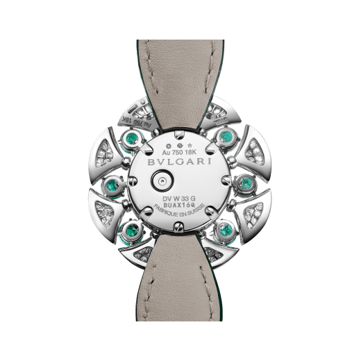 DIVAS' DREAM High Jewellery watch with 18 kt white gold case and mobile petals set with 8 brilliant-cut emeralds and round brilliant-cut diamonds, mother-of-pearl dial, and green alligator bracelet. Water-resistant up to 30 metres 103505 image 3