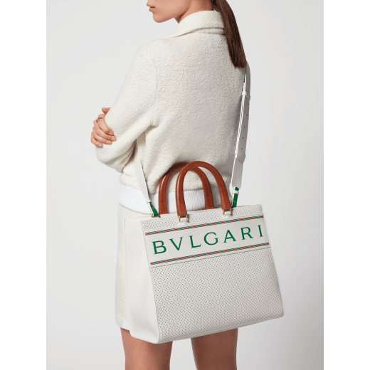 Casablanca x Bulgari large tote bag in white Tennis Groundstroke calf leather, perforated on the main body and smooth on the sides, with tennis green nappa leather lining. Iconic tennis green Bulgari decorative logo, stamped on a smooth white calf leather frame, and gold-plated brass hardware. 292331 image 8