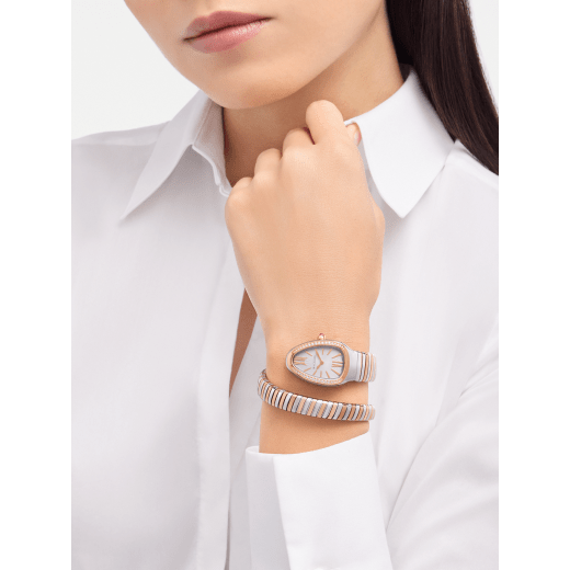 Serpenti Tubogas single spiral watch with stainless steel case, 18 kt rose gold bezel set with brilliant cut diamonds, silver opaline dial, 18 kt rose gold and stainless steel bracelet. 102237 image 2