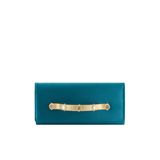 Pochette de soirée Bvlgari Tubogas Cabochon en velours noir avec doublure en cuir nappa noir. Poignée Tubogas emblématique en laiton doré ornée de pierres colorées taille cabochon, de zircones et d’un fermoir magnétique. TGC-001-1393S-velvet image 1