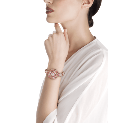 DIVAS' DREAM watch with 18 kt rose gold case set with brilliant-cut diamonds and rubellites, and buff-cut rubellites, snow pavé dial and 18 kt rose gold bracelet set with brilliant-cut diamonds and buff-cut rubellites 102562 image 1