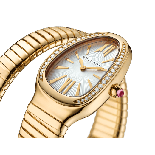 Serpenti Tubogas single spiral watch in 18 kt yellow gold case and bracelet, bezel set with brilliant cut diamonds and silver opaline dial. 101924 image 3
