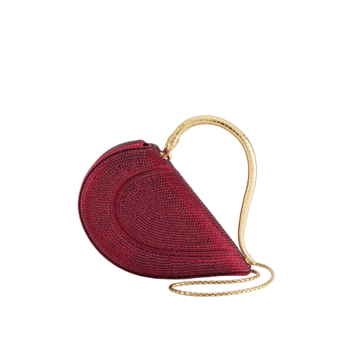 Serpenti Cuore 1968 top handle bag with gold Neige Pavé Crystals applied on a suede base and bright travertino nappa internal lining. Captivating snake body-shaped top handle in gold-plated brass embellished with engraved scales and zirconia eyes; press-button closure. SRN-001-1367S-CRYS image 4