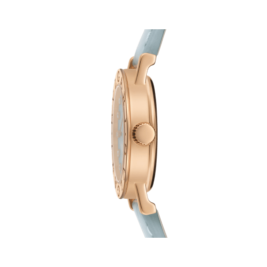 Bvlgari Bvlgari watch with 18 kt rose gold case and bezel engraved with double logo, icy blue marble dial, 12 diamond indexes and light blue alligator bracelet. Water-resistant up to 30 metres 104191 image 3