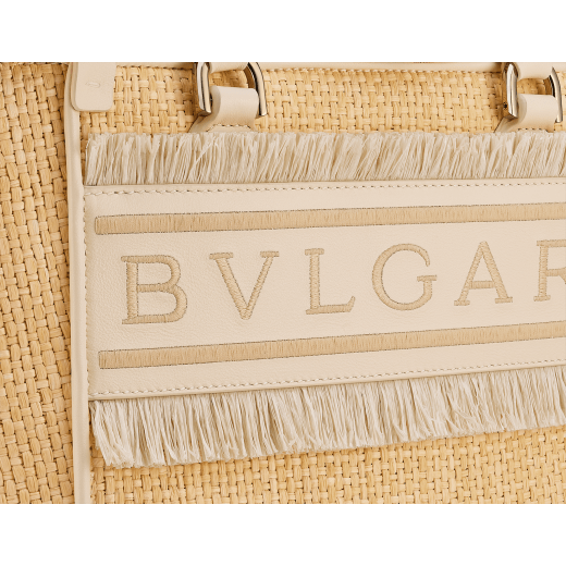Bulgari Logo medium tote bag in beige raffia with ivory opal calf leather details, beige raffia fringes and beetroot spinel fuchsia nappa leather lining. Iconic Bulgari logo stitched motif, detachable satin satchel with multicoloured print outside and beetroot spinel fuchsia inside, and drawstring closure with captivating snakeheads in light gold-plated brass. 292073 image 5