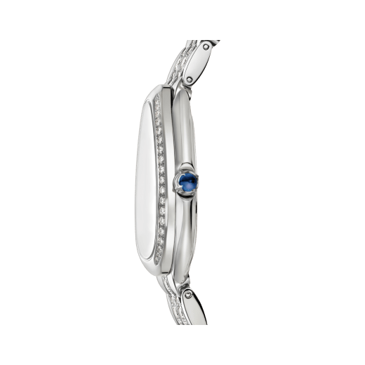 SERPENTI SEDUTTORI Lady Watch. 33 mm, 18kt withe gold case and bracelet set with diamonds. 18kt white gold crown set with 1 cab cut sapphire. White silver opaline. 18kt white gold bracelet with folding clasp. Quartz movement, hours and minutes functions. Water-resistant up to 30 metres. 103276 image 3