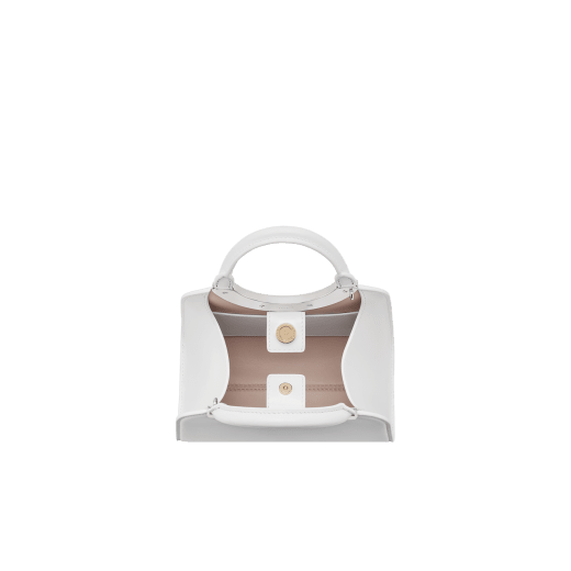 Bvlgari Roma mini top handle bag in flash diamond white Metropolitan calf leather with milky opal nappa leather lining. Iconic metal detail in palladium-plated brass engraved with the Bvlgari logo, and magnetic press-button closure. BVR-001-1310XS-CALF image 3