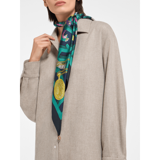 Wonder Garden scarf in fine Eden green silk twill with a BVLGARI BVLGARI metal pendant. Made of 100% silk. WONDERGARDEN-SQ image 1